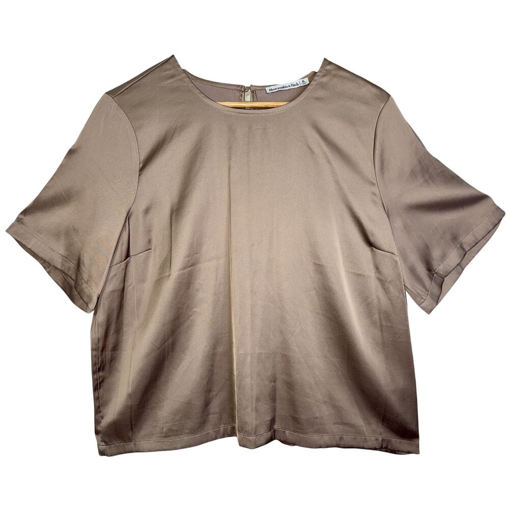 Abercrombie & Fitch Brown Taupe Satin Short Sleeve Crew Neck Blouse Top Size XL